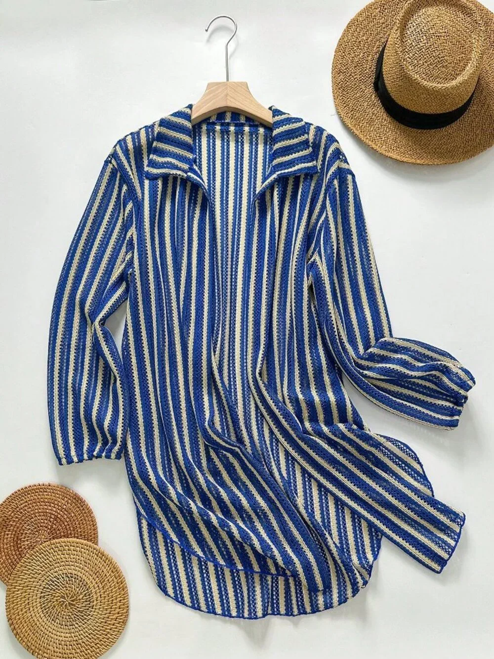 Blue And White Striped Women's Jacquard Fabric Open Front Shirt Collar Cover-Up